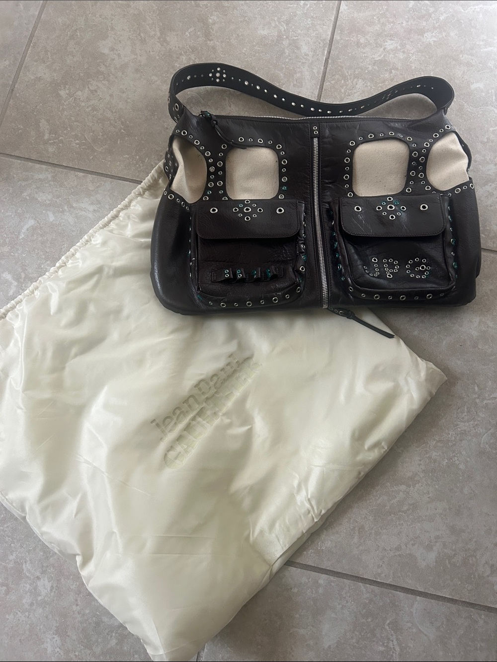 Jean Paul Gaultier Black and Cream Studded Leather Shoulder Bag